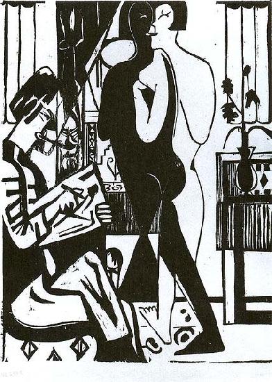 Ernst Ludwig Kirchner Painter and modell - woodcut oil painting image